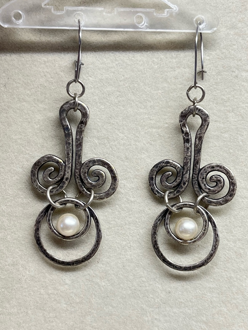 Avon Silver-Tone Swirl & Faux Pearl Dangle Earrings Vintage Signed